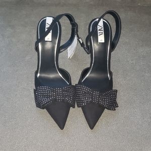 Zara Black Studded Bow Slingback Heels, sz 41